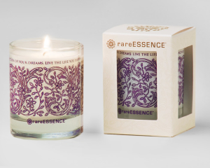 Passion spa votive candle on printed glass.